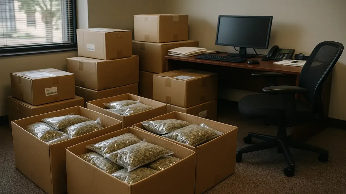 Office space where 150 lbs of marijuana were mailed, revealing a smuggling operation's return address.