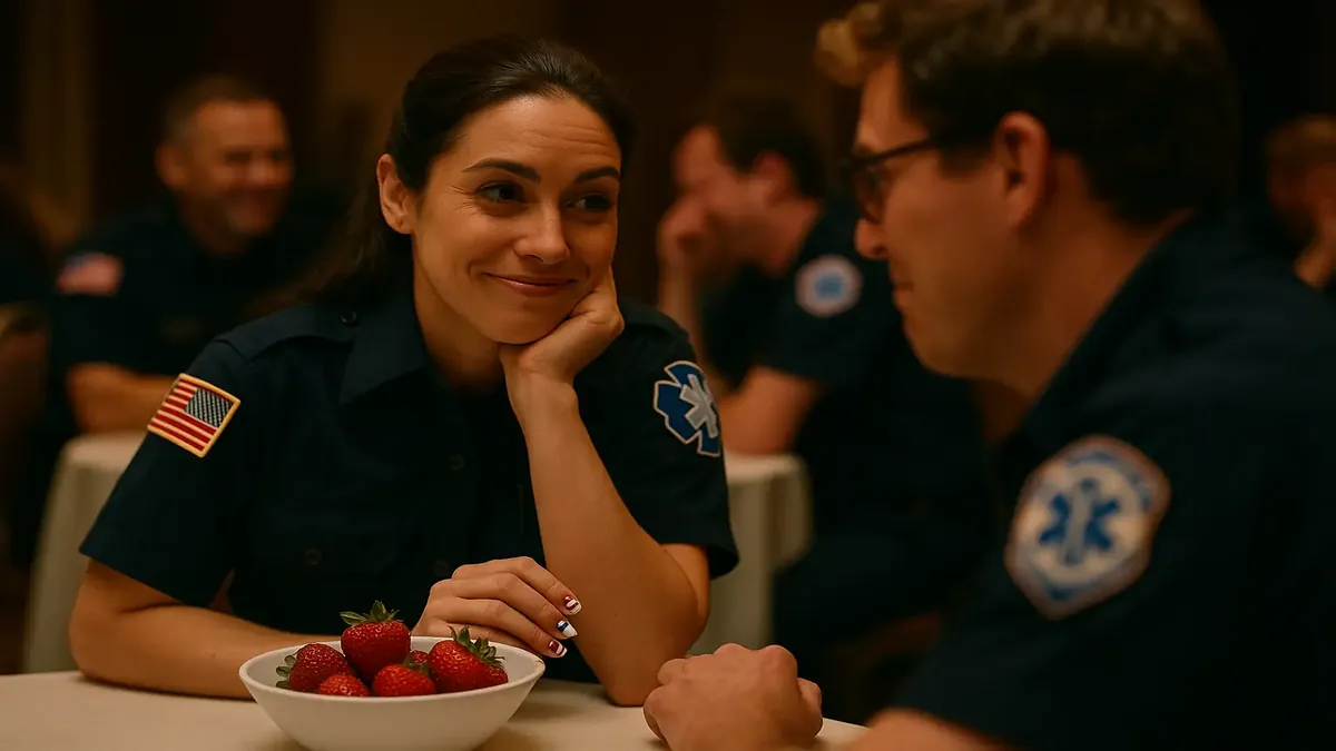 Cinematic image of EMT professionals mingling at a conference with strawberries and nail art decor in the background.