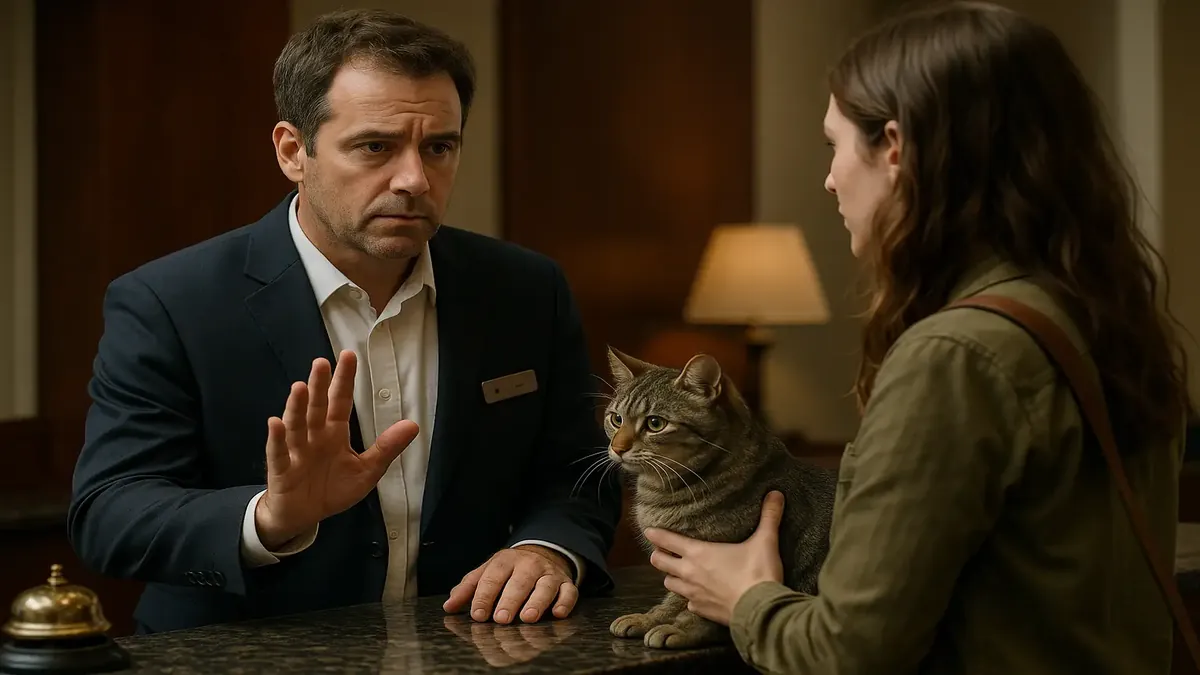 Hotel front desk with a sign stating 