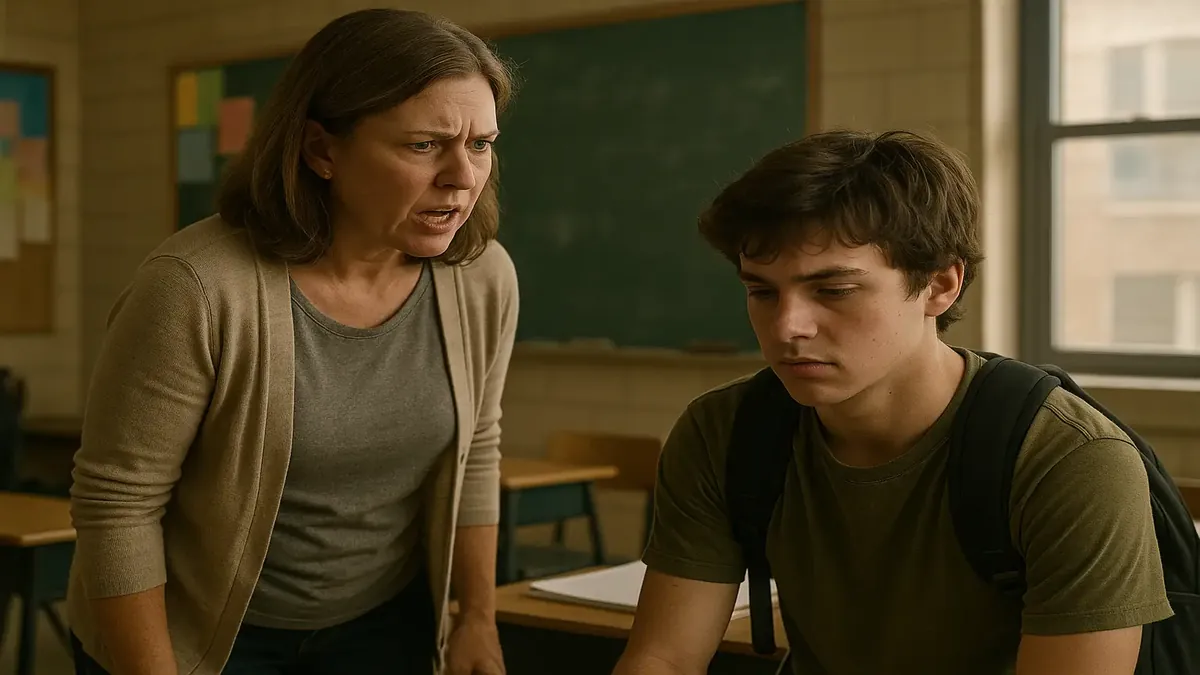 Teacher discussing a 504 Plan with a student in a classroom setting, highlighting advocacy and communication.