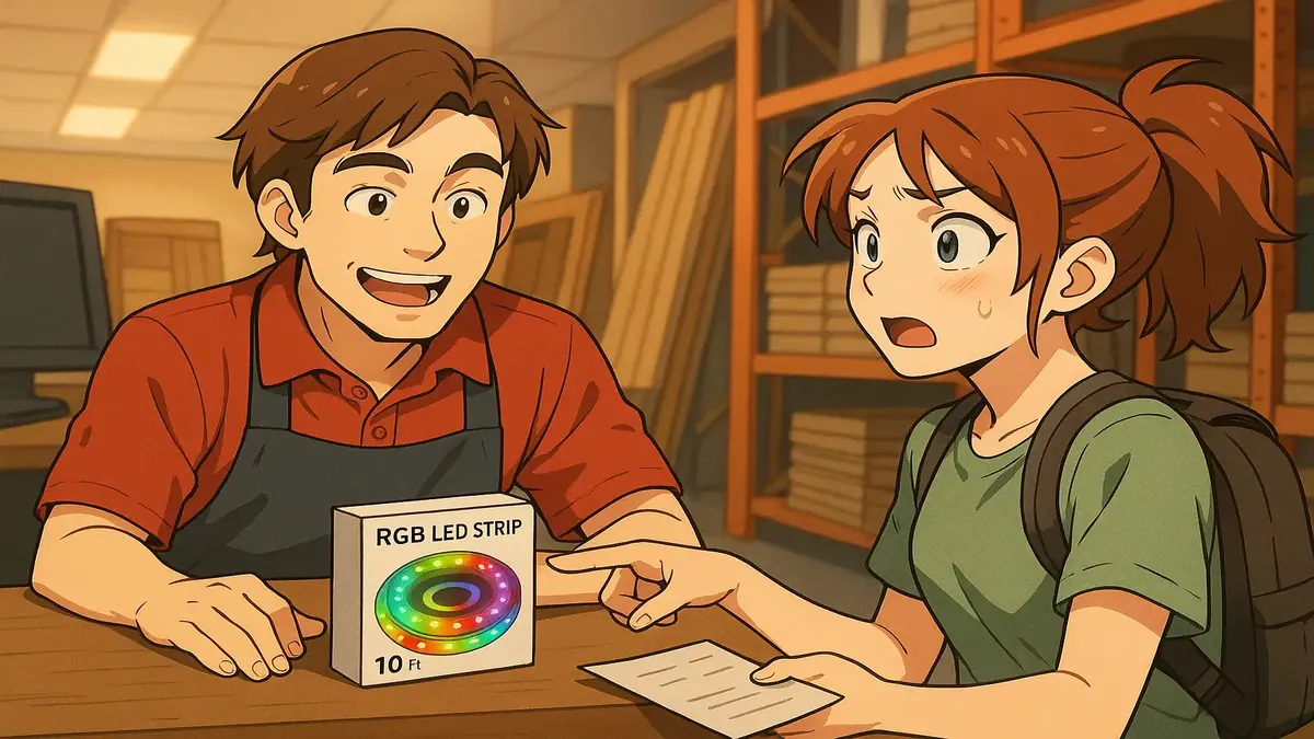 Colorful anime-style illustration of a $4.98 RGB LED strip at a hardware store with vibrant lighting.