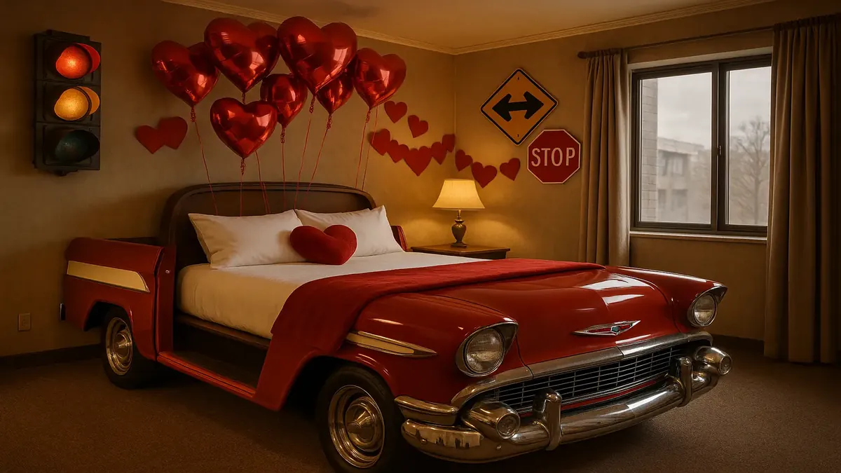 Themed hotel room featuring a vintage 57 Chevy bed and vibrant road signs celebrating Valentine's Day.