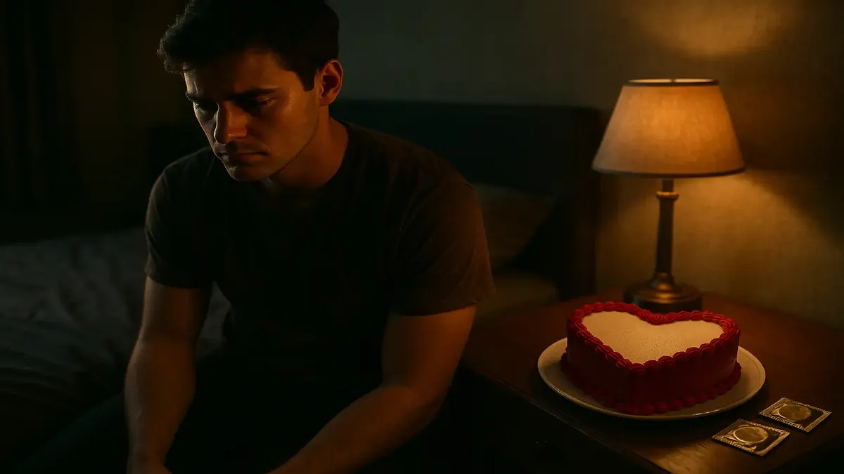 Cinematic image depicting an unhappy Valentine's Day with humorous requests at an Australian hotel.