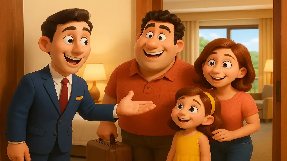 Cartoon-3D illustration of a hotel lobby with a night shift manager showing rooms to guests.