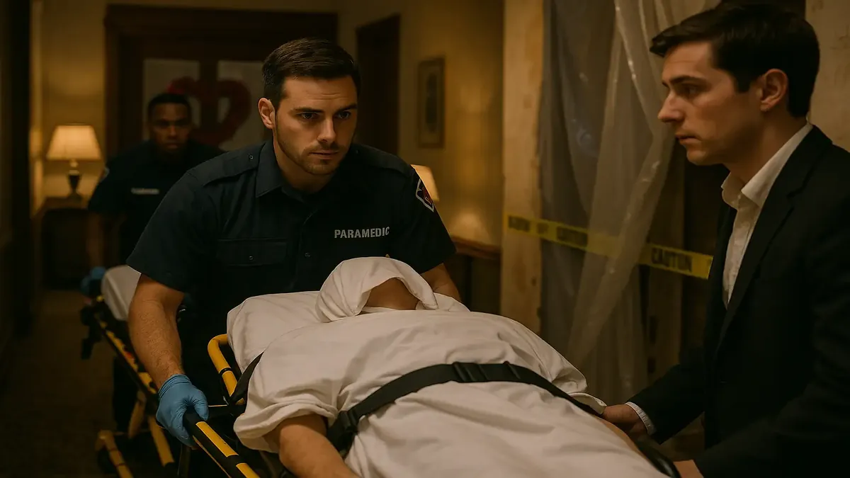 Busy hotel lobby during Valentine's Day night audit, paramedics assisting a renovator in distress.