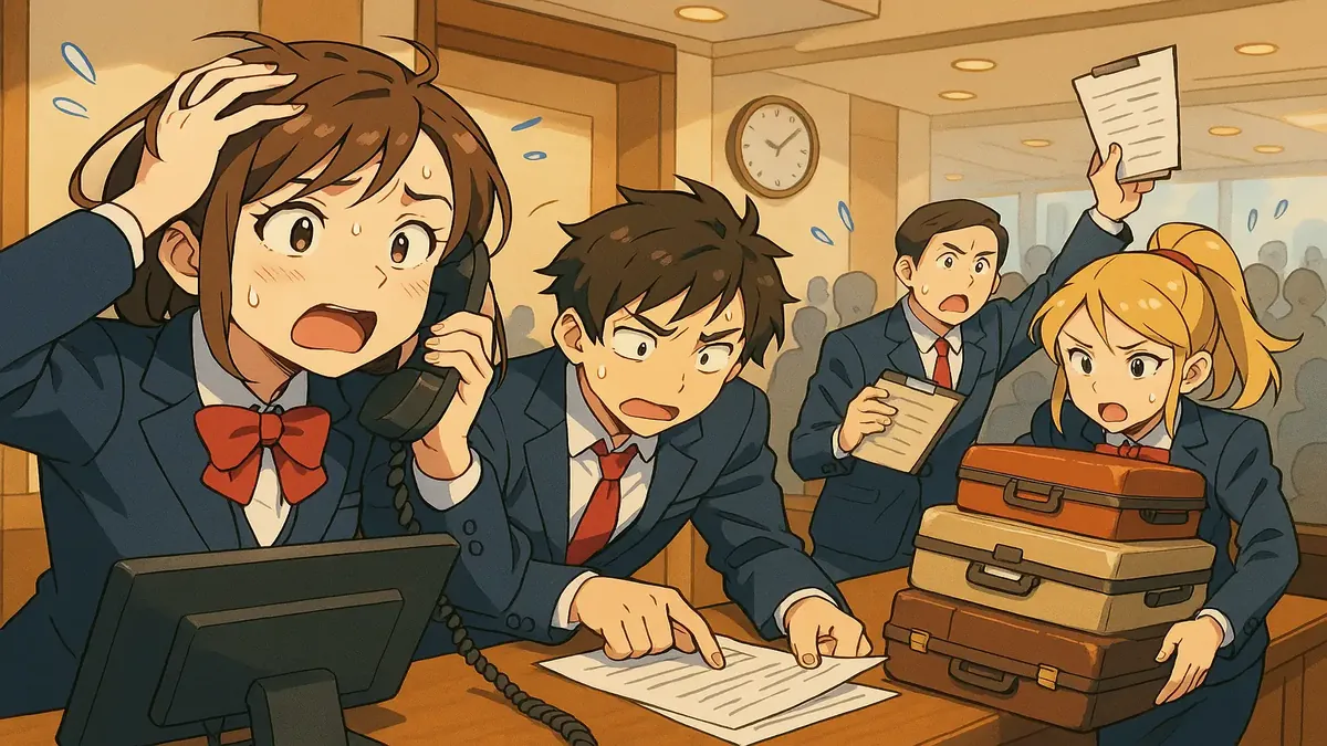 Anime-style illustration of a busy hotel front desk during a chaotic holiday weekend.