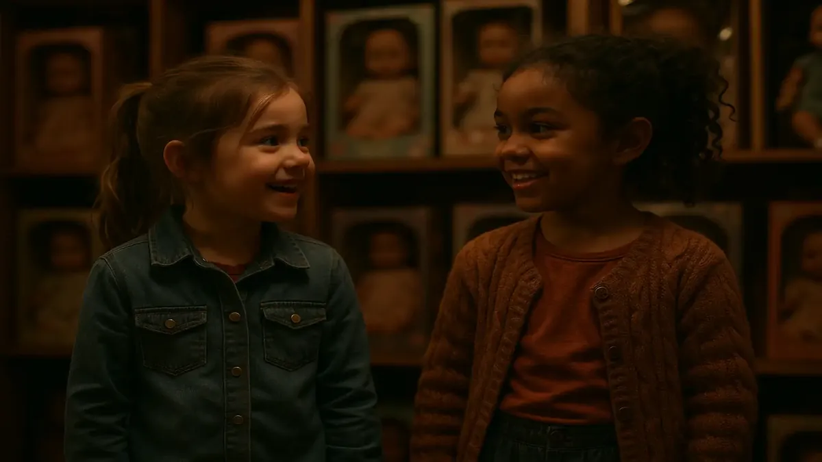 Two little girls in a toy shop searching for matching babydolls, showcasing a heartwarming bond over shared interests.