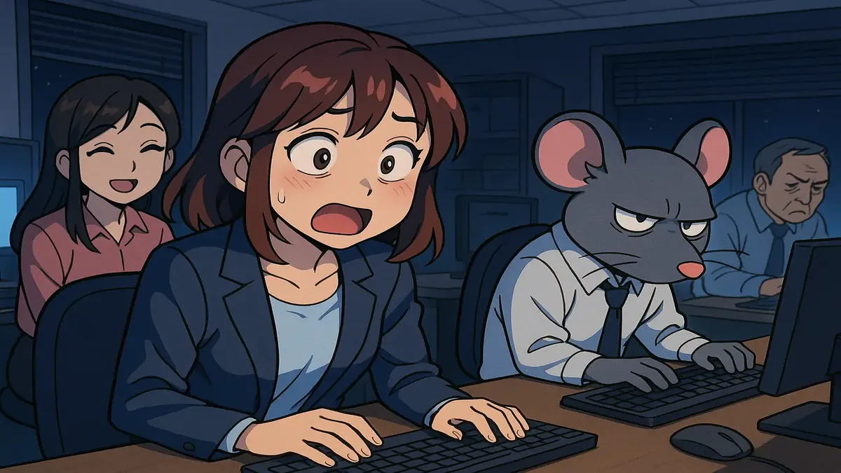 Anime-style illustration of an office worker, humorously awake and alert at a bustling office environment.
