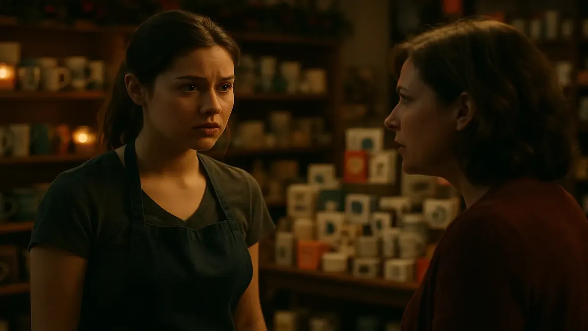 Retail employee assisting a customer with a discount request among shelves of home goods and gifts.