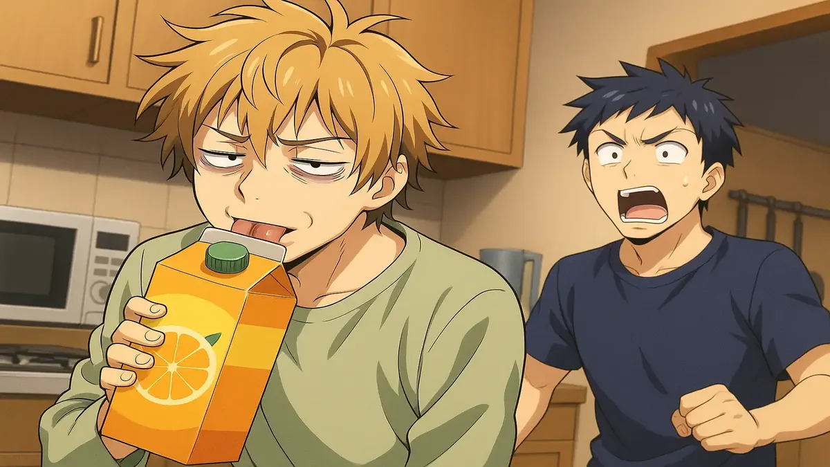 Anime illustration of a person drinking orange juice from the container, showcasing roommate conflict.