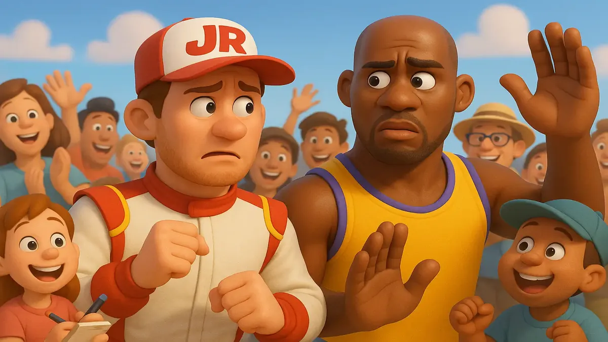 Cartoon-3D illustration of a NASCAR driver and retired NBA star at a sports memorabilia show by the beach.