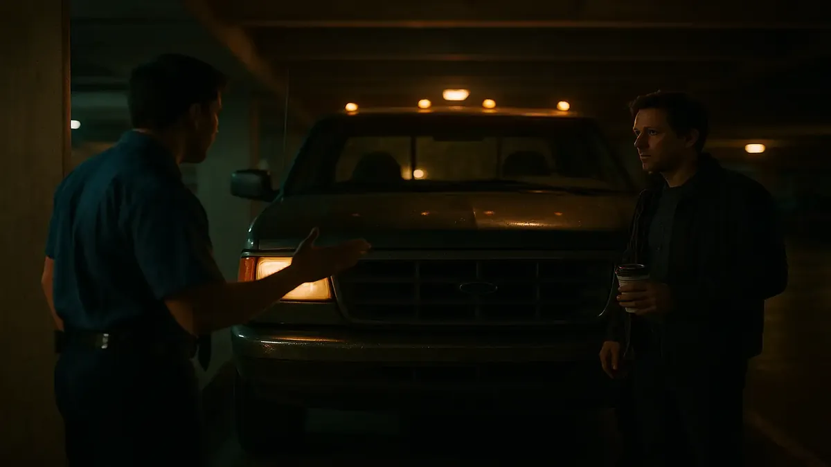 Cinematic scene of a truck parked incorrectly, highlighting parking chaos during a busy shift.