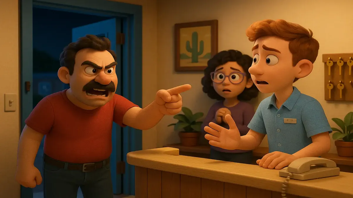 Cartoon 3D illustration of a tense motel scene at night, reflecting a stressful work shift experience.