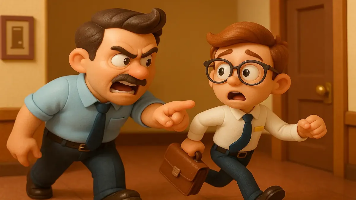 Cartoon-3D illustration of a trainee agent in a perilous situation, emphasizing the importance of caution in training.