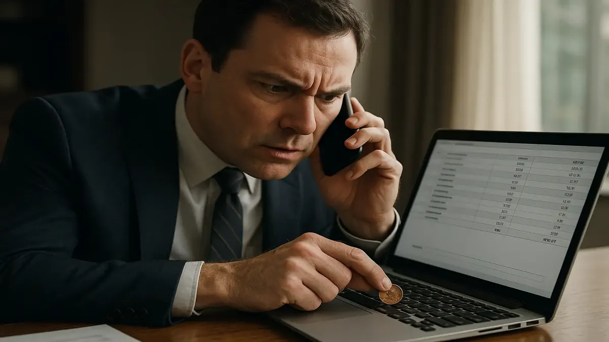 Man on phone discussing a one-cent chargeback issue with a puzzled expression, photorealistic style.