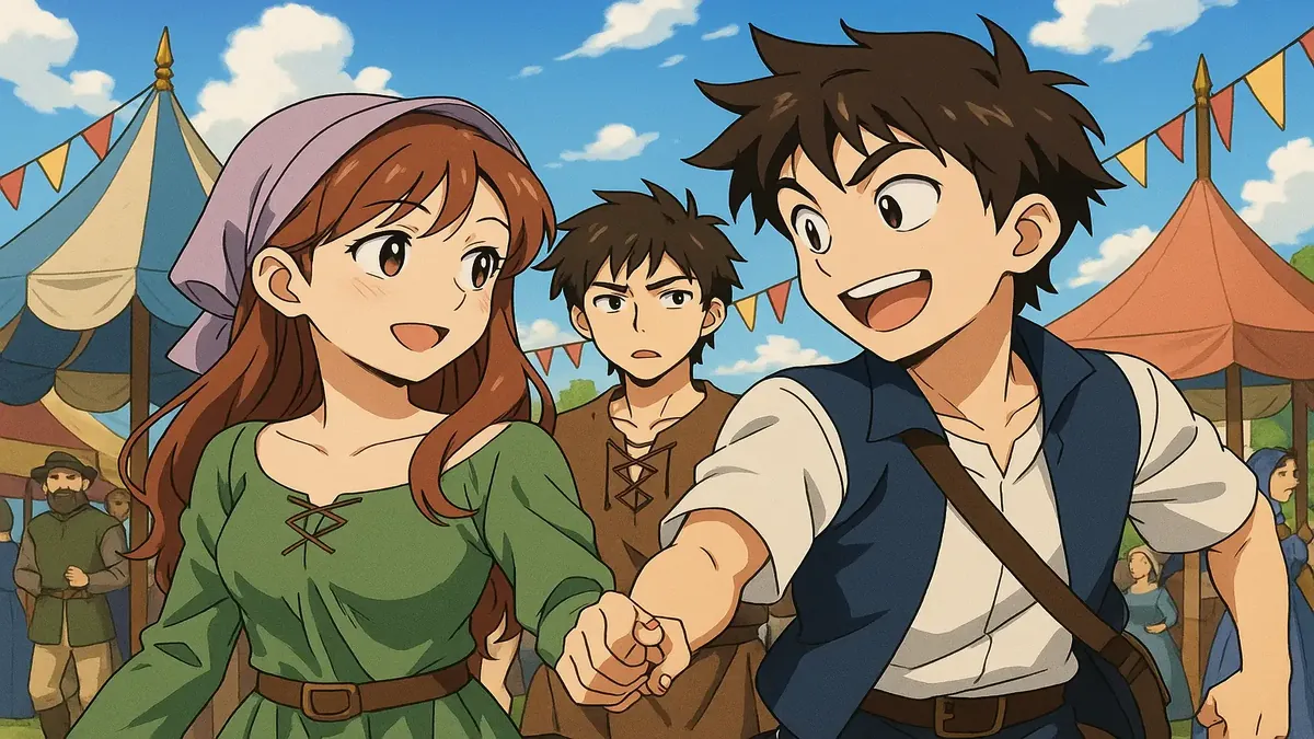 Anime illustration of two high school friends competing for the same girl in a nostalgic setting.