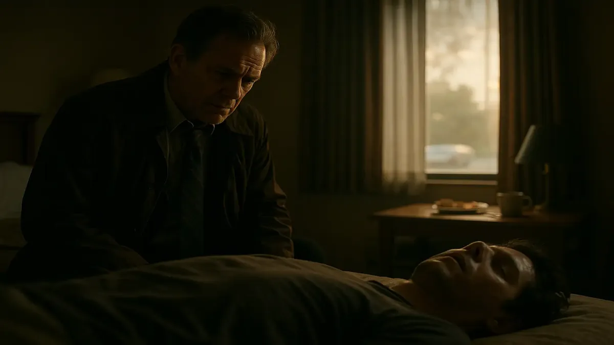 Cinematic view of a hotel breakfast scene with a couple enjoying their meal, hinting at a mystery.