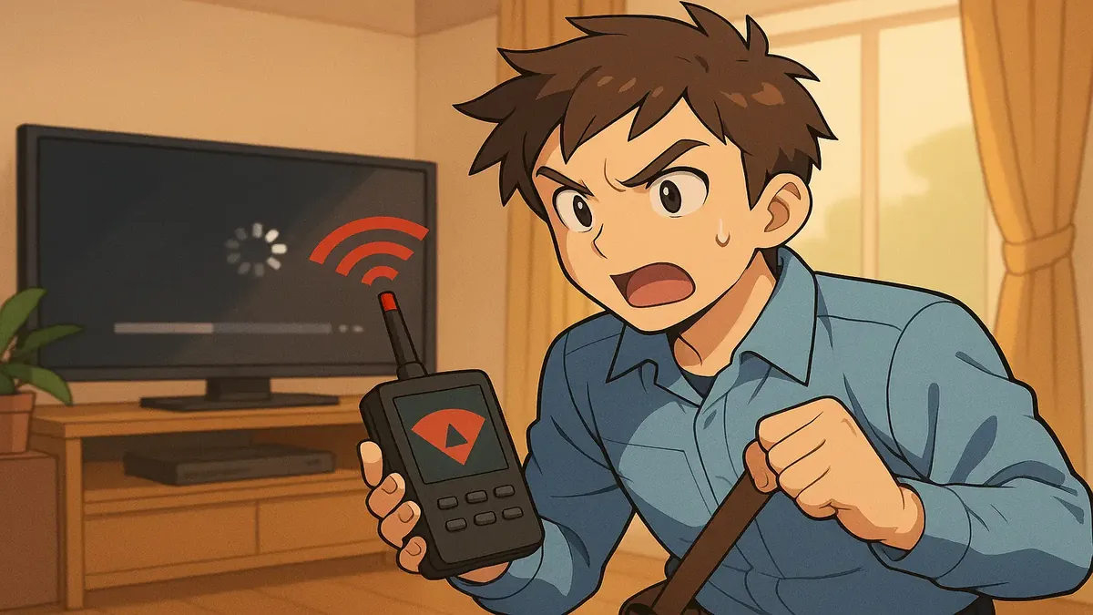 Anime scene depicting a technician troubleshooting poor Wi-Fi signal affecting streaming quality on a TV.