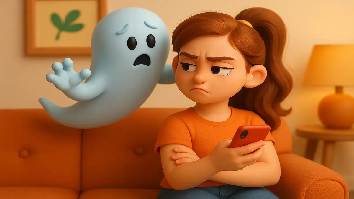 Cartoon 3D illustration of a woman confronting her ghoster, capturing emotions of empowerment and revenge.