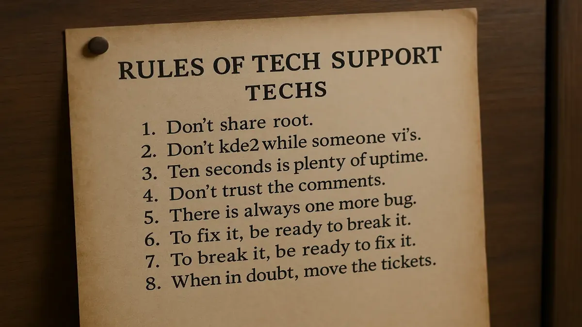 Tech support team collaborating humorously, illustrating the rules of tech support in a photorealistic style.