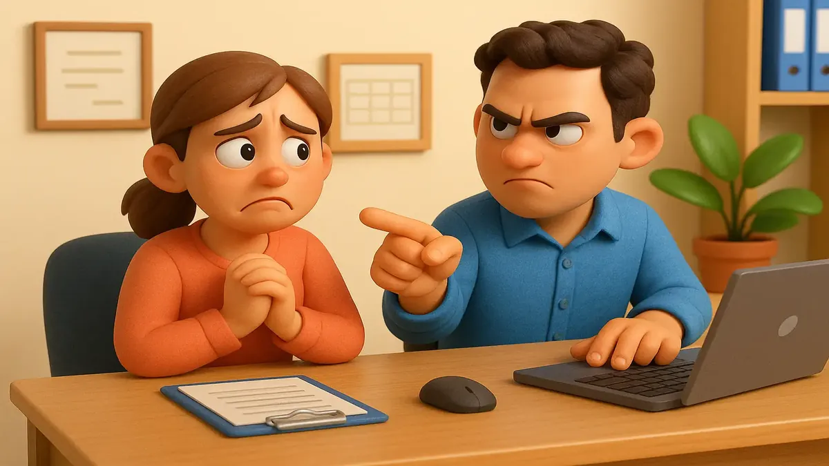 Cartoon-3D illustration of a tense coworker relationship in a hotel setting after reservation errors.