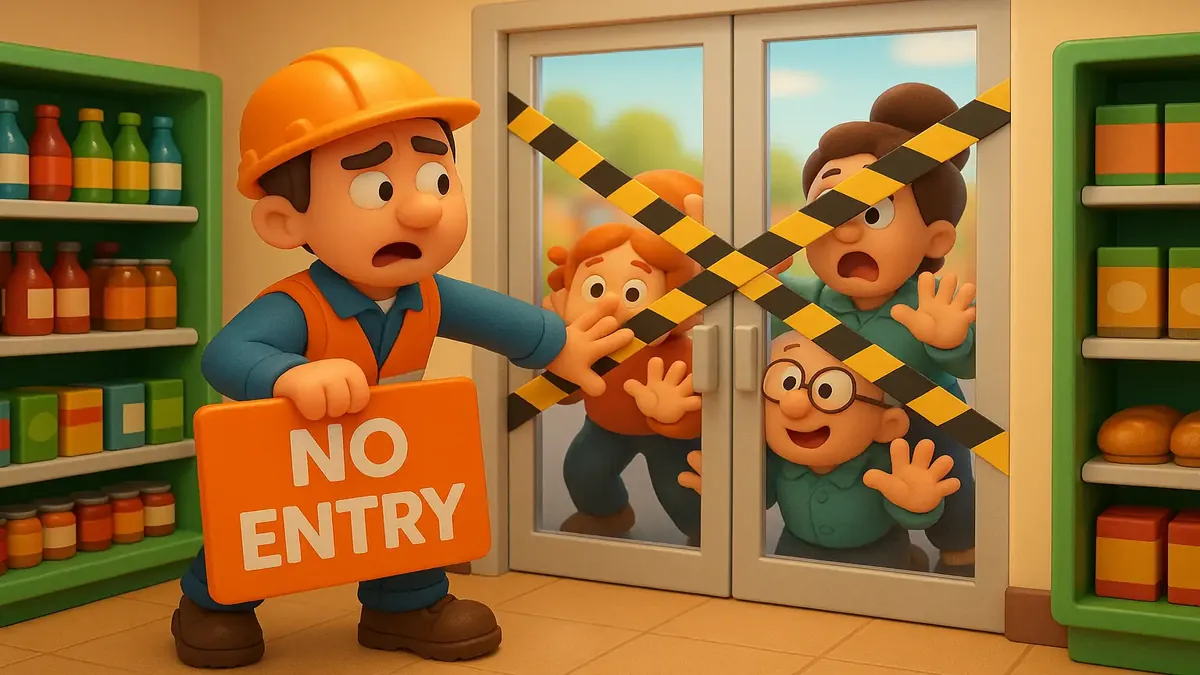 Cartoon-3D depiction of a busy supermarket refit with contractors and eager customers outside the store.