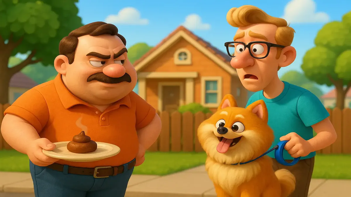 Cartoon-3D illustration of a petty revenge scene involving a dog walking neighbor and a stepdad in a gated community.