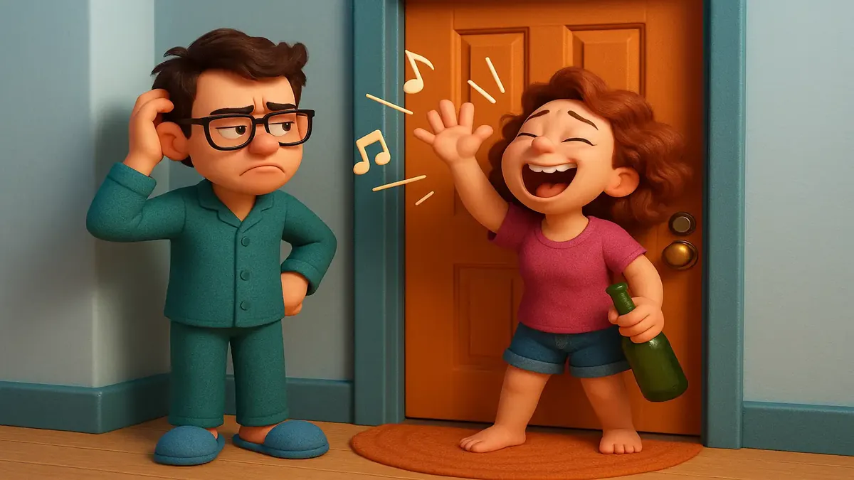 Cartoon-style illustration of a noisy neighbor party with music, shouting, and conflict, reflecting a noise complaint story.