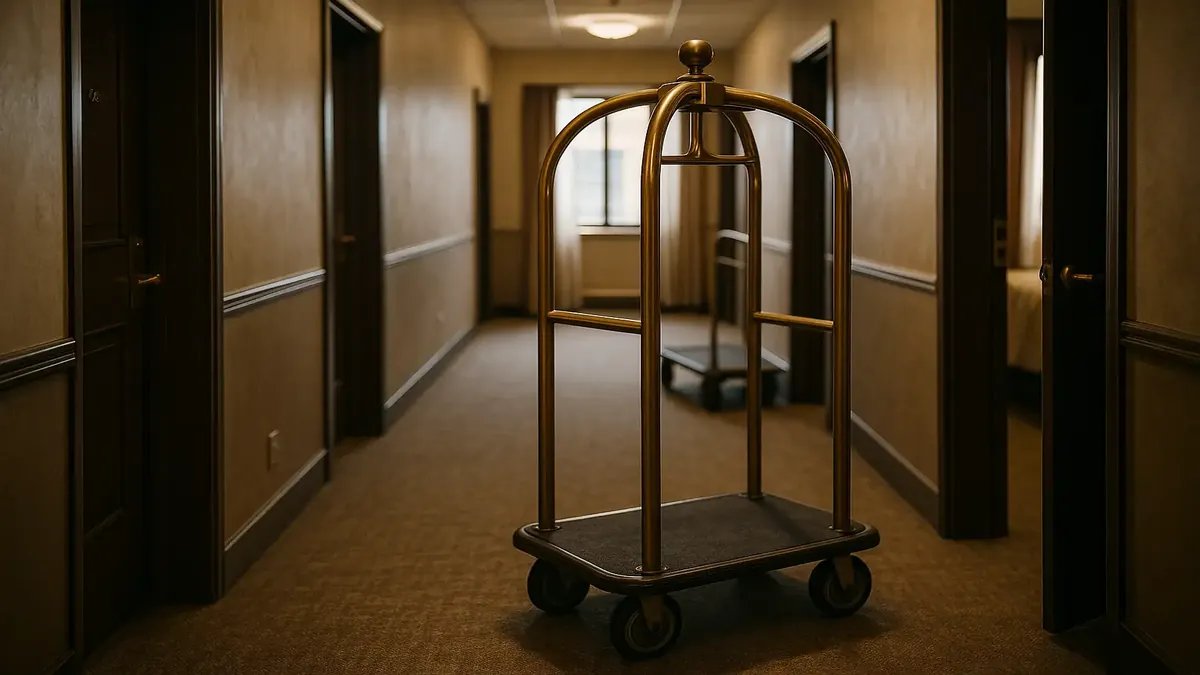 Bell cart in a hotel hallway, illustrating frustrations of missing carts during guest checkouts.