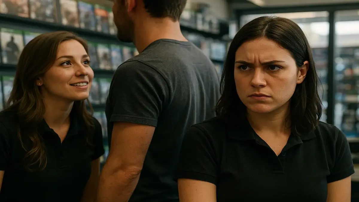 A photorealistic image of a game store with flirty coworkers interacting with male customers.