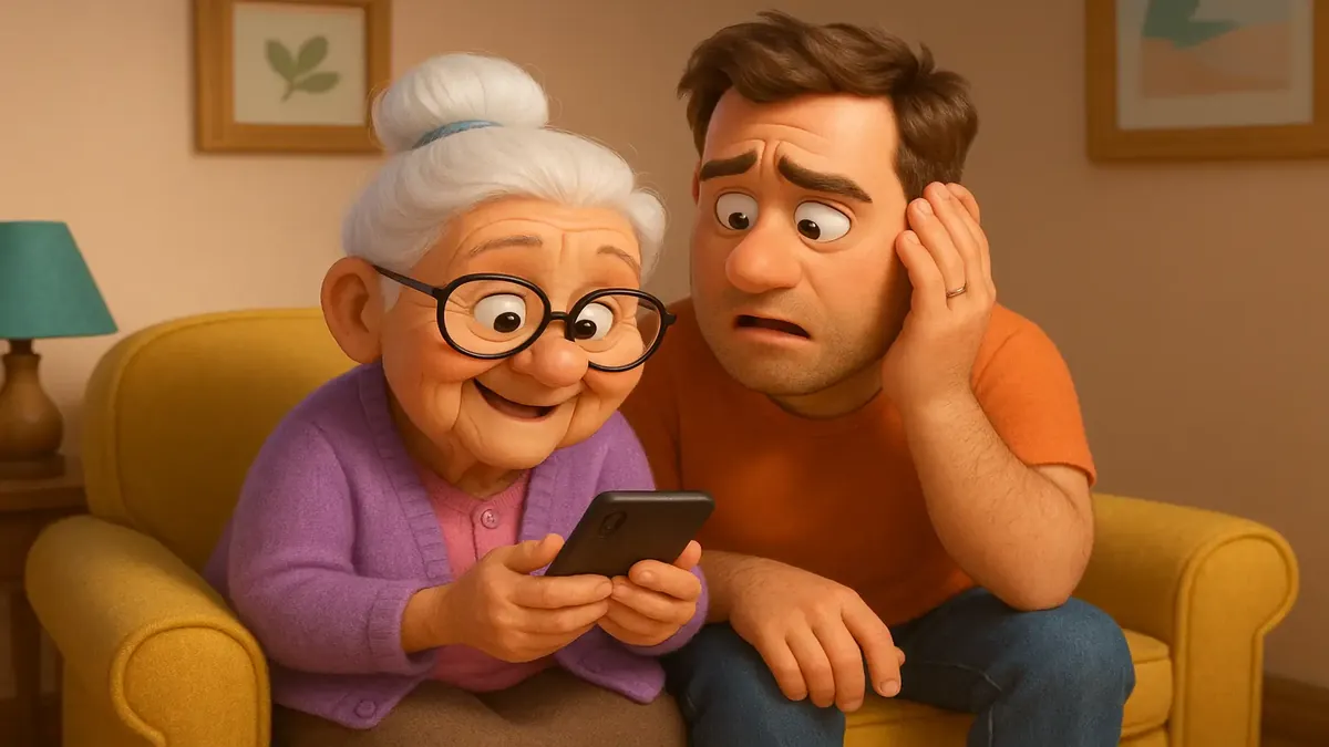 Cartoon-3D illustration of a nonagenarian woman struggling with her smartphone, seeking tech support from family.