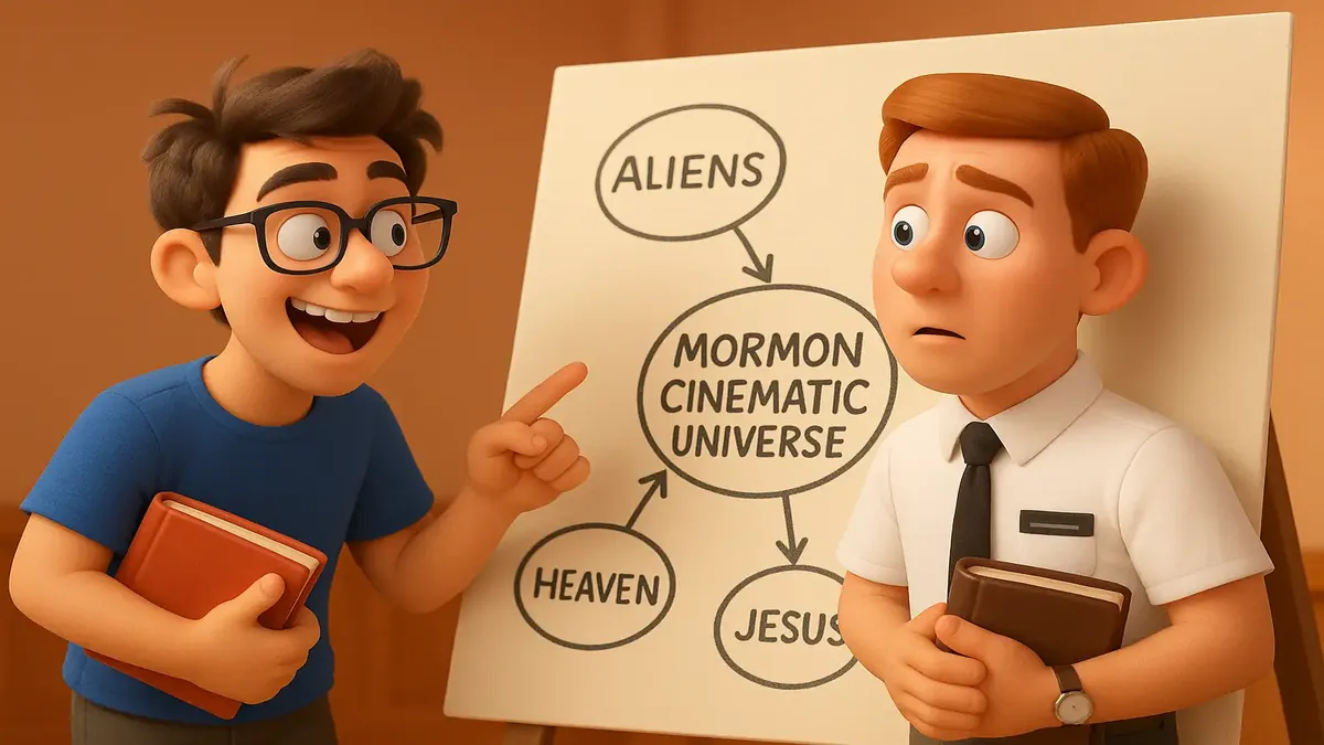 Colorful cartoon-3D illustration depicting Kevin's theories on Mormons in a cinematic universe setting.