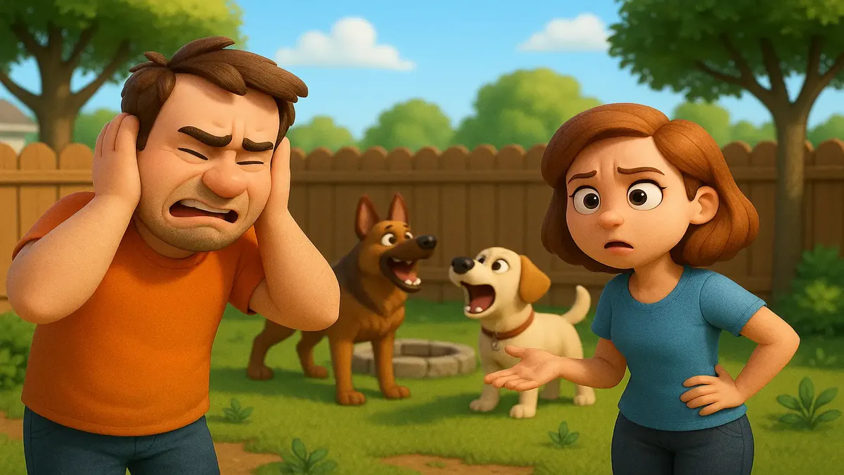 Cartoon-style illustration of a backyard with barking dogs and a cozy firepit, showcasing a peaceful home setting.