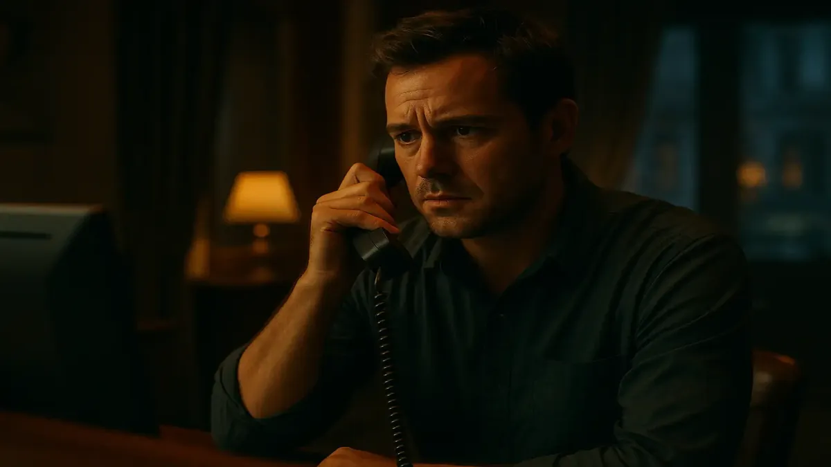 Late booker pondering hotel availability with a cinematic backdrop of an empty hotel lobby.