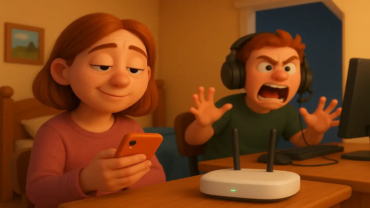 Cartoon 3D illustration of a frustrated gamer yelling at Call of Duty while a sibling struggles to sleep below.