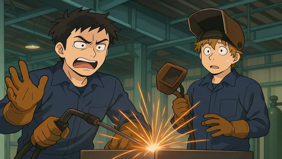 Anime-style illustration of two welders in a factory, showcasing their quirky work relationship.