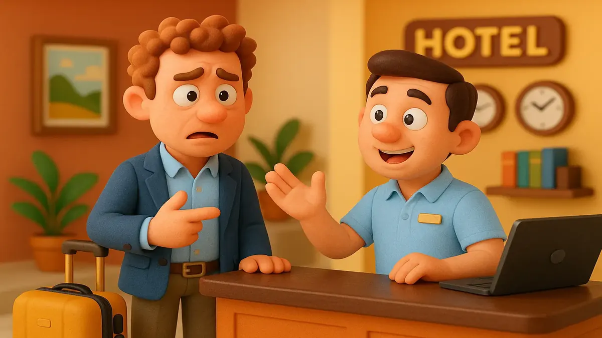 Cartoon-style illustration of a confused hotel employee and a frustrated guest at a check-in desk.