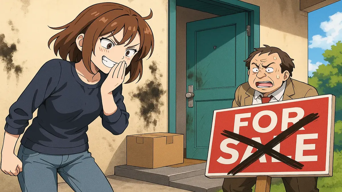 Anime scene depicting a frustrated tenant confronting a scummy landlord over housing issues like mold and fire hazards.