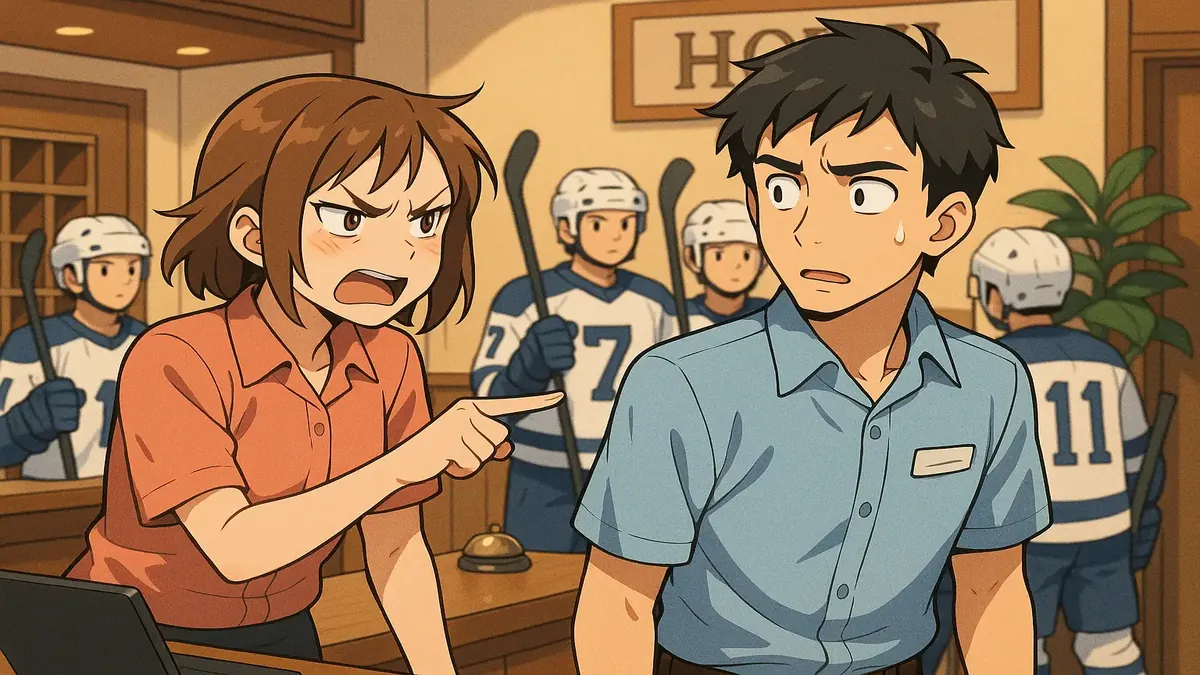 Anime illustration of a tense coworker conversation at an independent hotel during a hockey event.