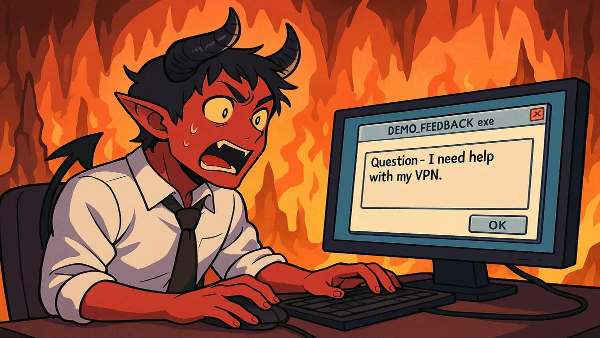 Anime-style illustration of a tech support worker in a chaotic office, symbolizing IT challenges in hell.
