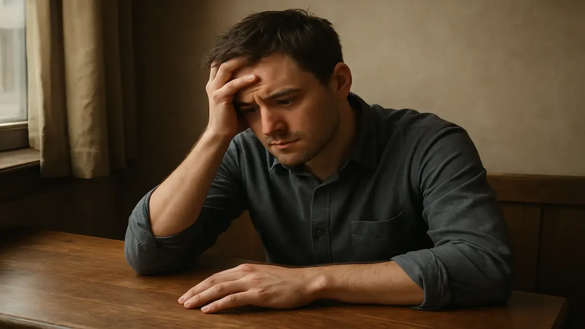 Person feeling overwhelmed at work after a difficult review, reflecting on job stress and burnout.