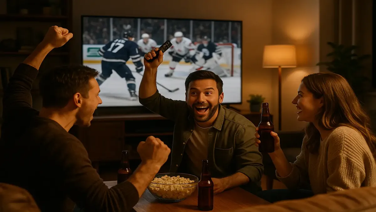 Friends celebrating the end of hockey season with drinks and laughter in a lively setting.