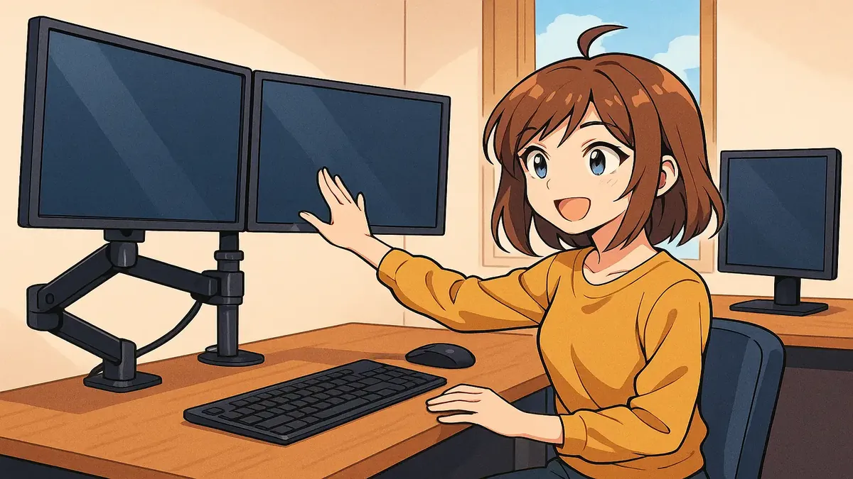 Anime illustration of two computers with monitors on arms, representing dual-screen setups for productivity.