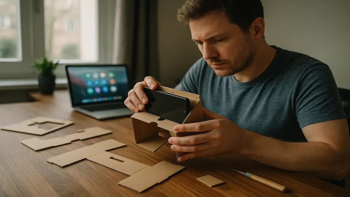 A frustrated remote worker surrounded by mobile devices, symbolizing shipping challenges for tech needs.