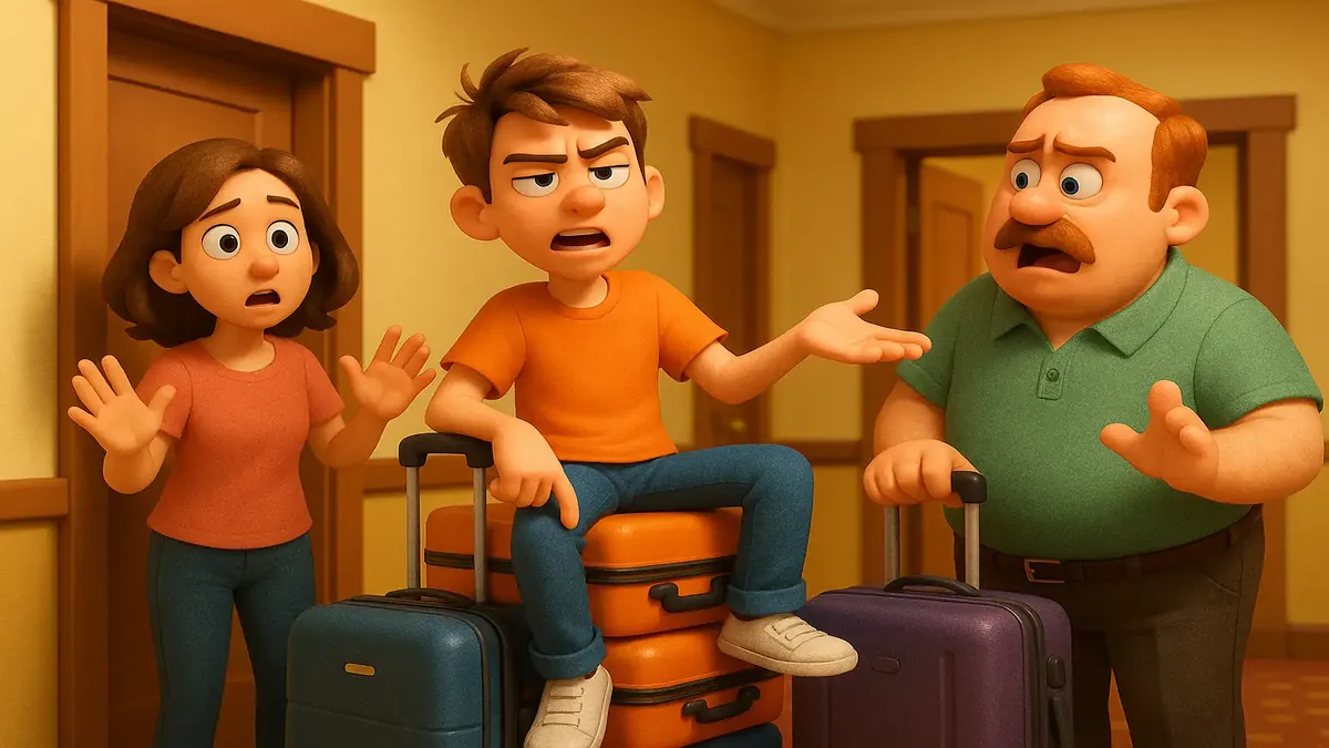 Cartoon-3D illustration of chaotic hotel scene with grown adults, multiple rooms, and a surprised guest.