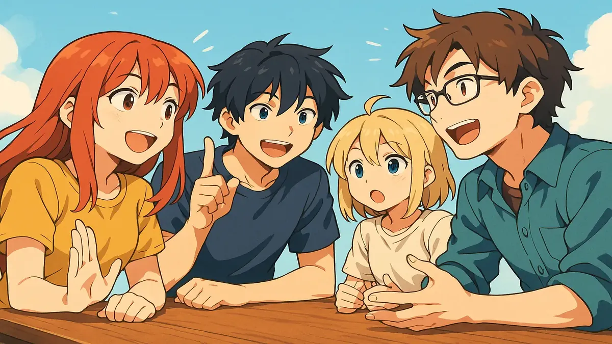 Anime-style illustration depicting a lively discussion forum, inviting open conversation and questions.