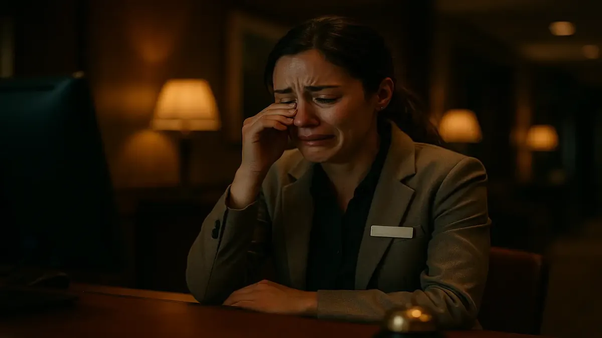 Front desk manager at a busy hotel, emotionally stressed during a long shift at sunset, cinematic style.