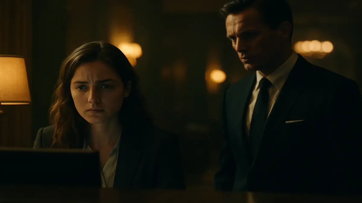 Receptionist confused by a confident guest claiming a booking under a fictional name, cinematic style.