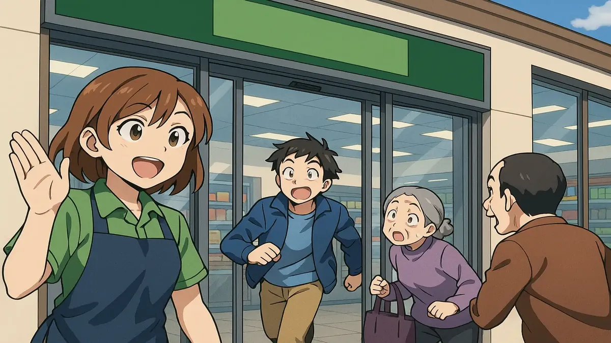 Anime-style illustration of a UK supermarket reopening after a refit, welcoming eager customers.