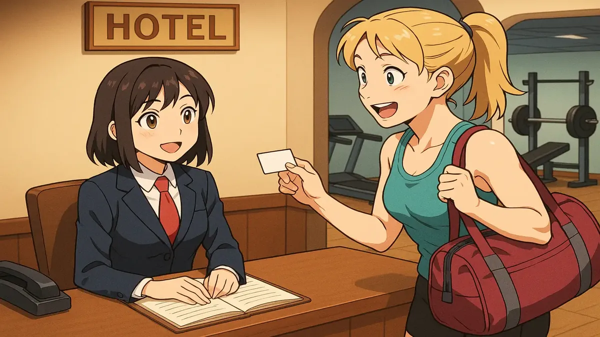 Anime illustration of a hotel gym with a surprised receptionist and gym-goers, reflecting a lively story.